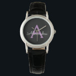 Paars zwart Script Girly Monogram Naam Horloge<br><div class="desc">Zwart en Paarse Eenvoudig Script Monogram Naam Watch. Dit maakt het perfecte afstuderen,  verjaardagscadeau,  bruiloft,  vrijgezellenfeest,  jubileum,  baby shower of vrijgezellenfeest cadeau voor iemand die houdt van glamoureuze en chique stijlen.</div>