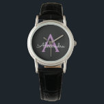 Paars zwart Script Girly Monogram Naam Horloge<br><div class="desc">Zwart en Paarse Eenvoudig Script Monogram Naam Watch. Dit maakt het perfecte afstuderen,  verjaardagscadeau,  bruiloft,  vrijgezellenfeest,  jubileum,  baby shower of vrijgezellenfeest cadeau voor iemand die houdt van glamoureuze en chique stijlen.</div>