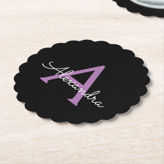 Paars zwart Script Girly Monogram Naam Kartonnen Onderzetters (Gekanteld)