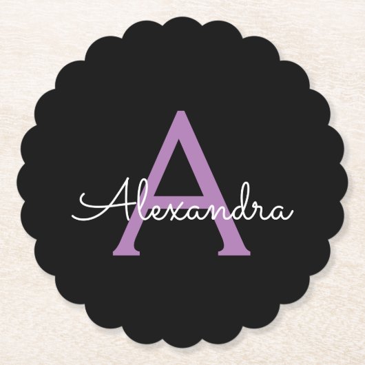 Paars zwart Script Girly Monogram Naam Kartonnen Onderzetters (Voorkant)