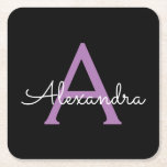 Paars zwart Script Girly Monogram Naam Kartonnen Onderzetters<br><div class="desc">Zwart en Paarse Eenvoudig Script Monogram Naam Papieren Onderzetters. Dit maakt het perfecte afstuderen,  verjaardagscadeau,  bruiloft,  vrijgezellenfeest,  jubileum,  baby shower of vrijgezellenfeest cadeau voor iemand die houdt van glamoureuze en chique stijlen.</div>