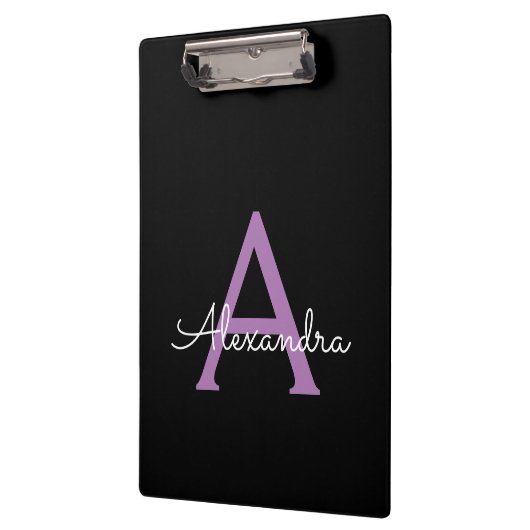 Paars zwart Script Girly Monogram Naam Klembord (Links)