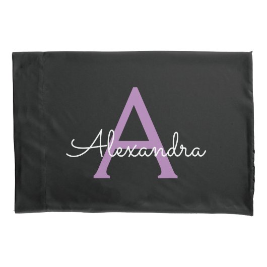 Paars zwart Script Girly Monogram Naam Kussensloop (Voorkant)