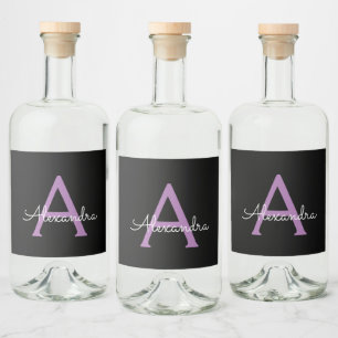 Paars zwart Script Girly Monogram Naam Likeurfles Etiket
