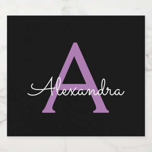 Paars zwart Script Girly Monogram Naam Likeurfles Etiket (Enkel label)