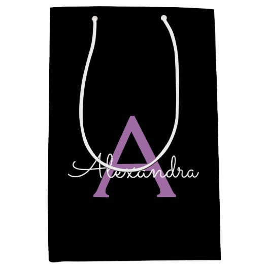 Paars zwart Script Girly Monogram Naam Medium Cadeauzakje (Voorkant)