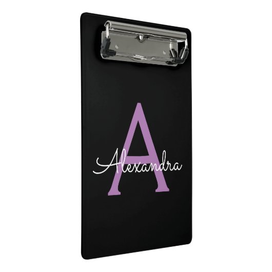 Paars zwart Script Girly Monogram Naam Mini Klembord (Schuin)