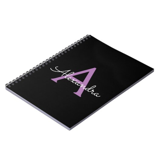 Paars zwart Script Girly Monogram Naam Notitieboek (Linkerzijde)
