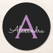 Paars zwart Script Girly Monogram Naam Ronde Kartonnen Onderzetter (Voorkant)