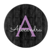 Paars zwart Script Girly Monogram Naam Snijplank (Voorkant)