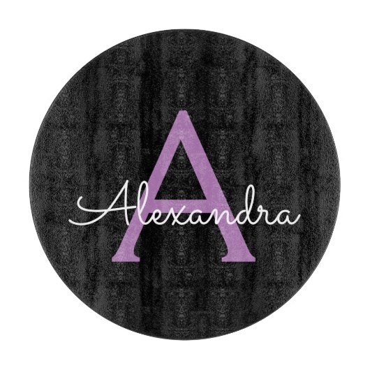 Paars zwart Script Girly Monogram Naam Snijplank (Voorkant)