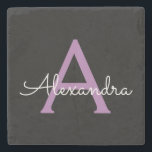 Paars zwart Script Girly Monogram Naam Stenen Onderzetter<br><div class="desc">Zwart en Paarse Eenvoudig Script Monogram Naam Stone Tegel. Dit maakt het perfecte afstuderen,  lieve 16 jarige,  bruiloft,  vrijgezellenfeest,  jubileum,  baby shower of vrijgezellenfeest cadeau voor iemand die houdt van glamoureuze en chique stijlen.</div>