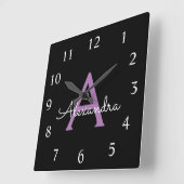 Paars zwart Script Girly Monogram Naam Vierkante Klok (Hoek)