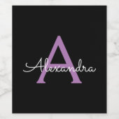 Paars zwart Script Girly Monogram Naam Wijn Etiket (Enkel label)