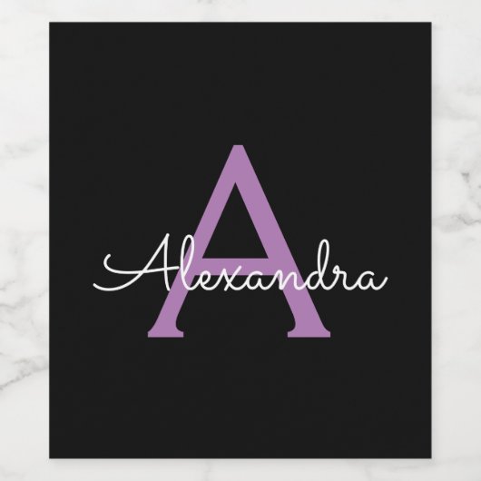 Paars zwart Script Girly Monogram Naam Wijn Etiket (Enkel label)
