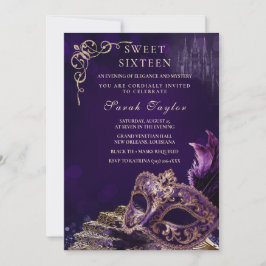 Paars Zwart Sweet 16 Maskerade Elegant Venetiaans Kaart