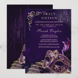 Paars Zwart Sweet 16 Maskerade Elegant Venetiaans Kaart
