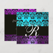 PAARS ZWART TEAL BLAUW TURQUOISE DAMAST MONOGRAM KAART (Voorkant / Achterkant)