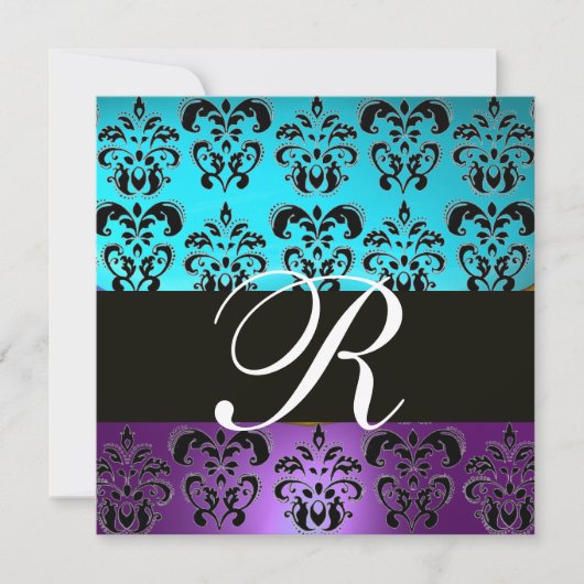 PAARS ZWART TEAL BLAUW TURQUOISE DAMAST MONOGRAM KAART (Voorkant)
