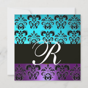 PAARS ZWART TEAL BLAUW TURQUOISE DAMAST MONOGRAM KAART