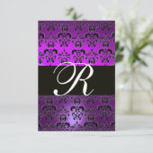 PAARS ZWART WIT DAMAST MONOGRAM RSVP KAART (Staand voorkant)