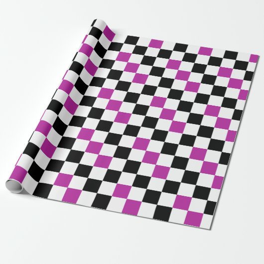 Paars Zwart Wit Geruit Patroon Ontwerp Cadeaupapier (Uitgerold)