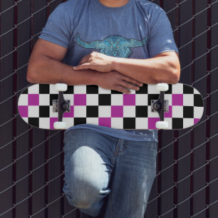 Paars Zwart Wit Geruit Patroon Ontwerp Persoonlijk Skateboard
