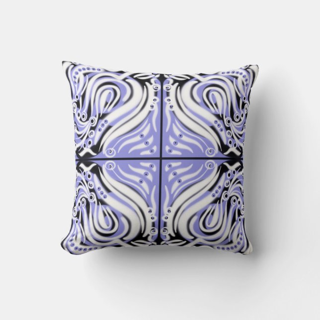 Paars Zwart Wit Krullend Abstract Patroon  Kussen (Voorkant)