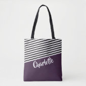 Paars zwart wit striped patroon gepersonaliseerd tote bag (Voorkant)