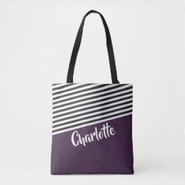 Paars zwart wit striped patroon gepersonaliseerd tote bag