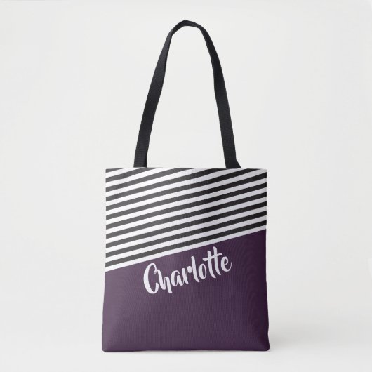 Paars zwart wit striped patroon gepersonaliseerd tote bag (Voorkant)