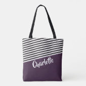 Paars zwart wit striped patroon gepersonaliseerd tote bag (Achterkant)