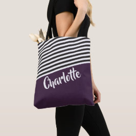Paars zwart wit striped patroon gepersonaliseerd tote bag