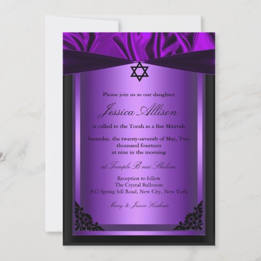 Paars & Zwart Zijde bat mitzvah uitnodiging (Voorkant)