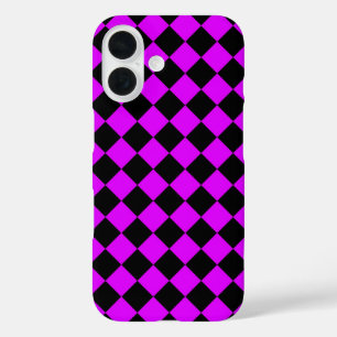 Paars Zwarte Ruitjes Diamant Patroon iPhone 16 Hoesje