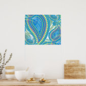Paarsblauw Limegroen Paisley Bloemmotief Kunstpatr Poster (Keuken)