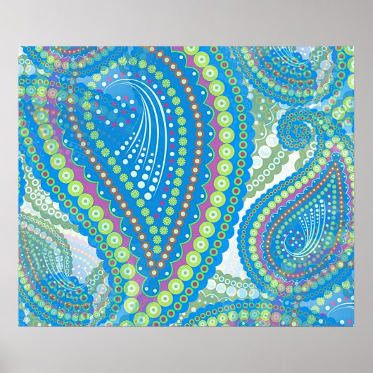 Paarsblauw Limegroen Paisley Bloemmotief Kunstpatr Poster (Voorkant)
