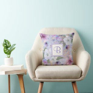 Paarsblauw monogram bloemrijk aquarel vintage kussen