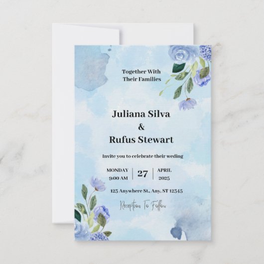 Paarsblauw Waterverf Eenvoudig Minimalistisch Huwe (Voorkant)