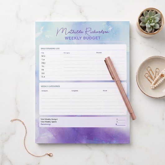 Paarsblauwe Aquarel Wekelijkse Budget Tracker Notitieblok