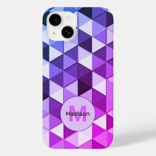 Paarsblauwe driehoek geometrie patroon Monogram Case-Mate iPhone 14 Hoesje