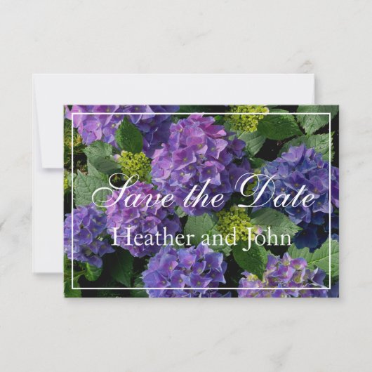 Paarsblauwe periwinkel hydrangea's save the date (Voorkant)