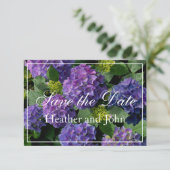 Paarsblauwe periwinkle hortensia's save the date (Staand voorkant)