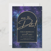 Paarsblauwe sterrenhemel huwelijksuitnodiging datu kaart (Voorkant)