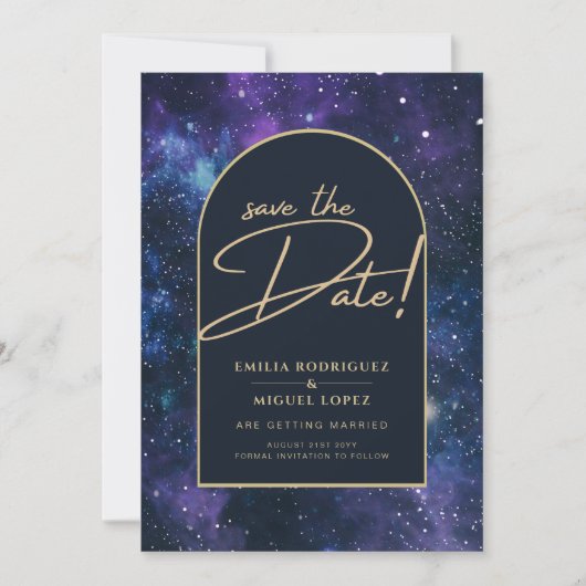 Paarsblauwe sterrenhemel huwelijksuitnodiging datu kaart (Voorkant)