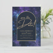 Paarsblauwe sterrenhemel huwelijksuitnodiging datu kaart (Staand voorkant)