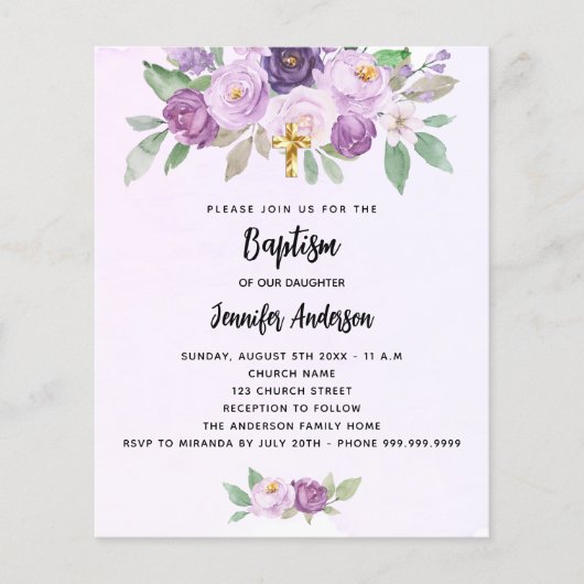 Paarsbloemen groen uitnodiging voor de doop (Voorkant)