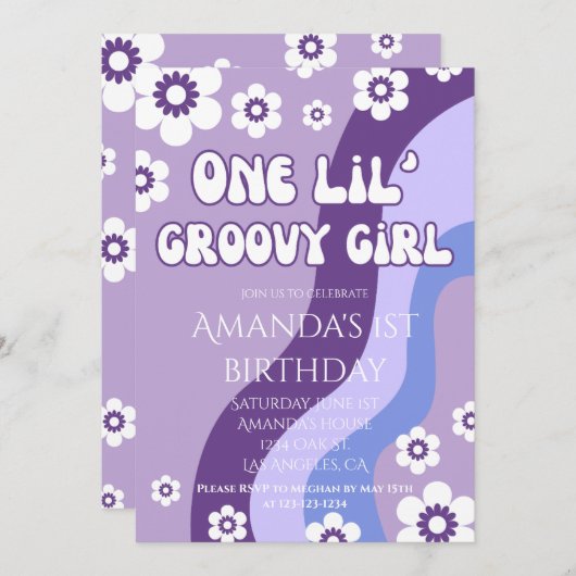 Paarse 1e Verjaardag Meisje Retro Thema Kaart (Voorkant / Achterkant)