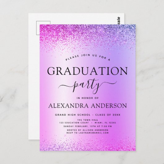 Paarse 2022 Graduation Party Glitter Invitation Briefkaart (Voorkant / Achterkant)