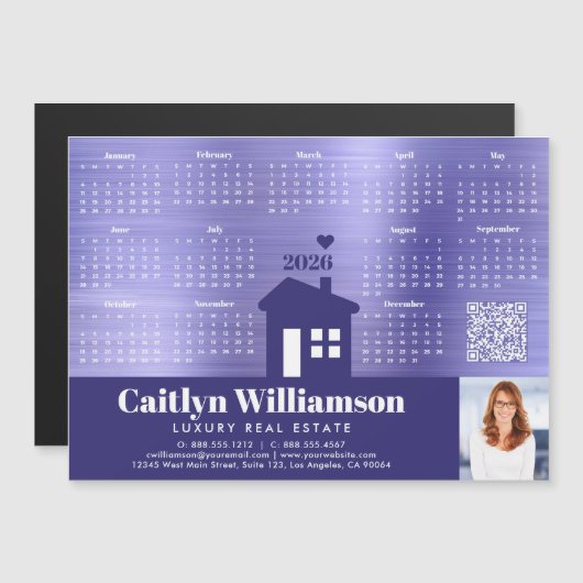 Paarse 2026 Kalender Realtor Foto QR Code Magnet (Voorkant / Achterkant)